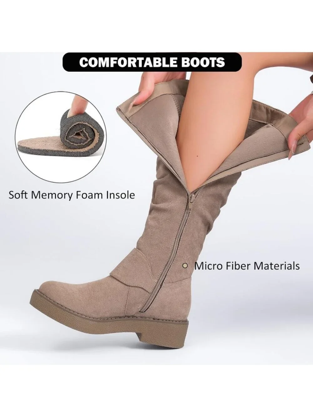 Women's Beige Leather Rubber Slouchy Knee High Comfortable Stylish Tall Boots
